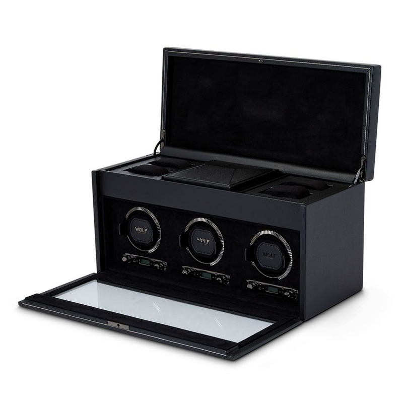 British Racing Black Triple Watch Winder With Storage