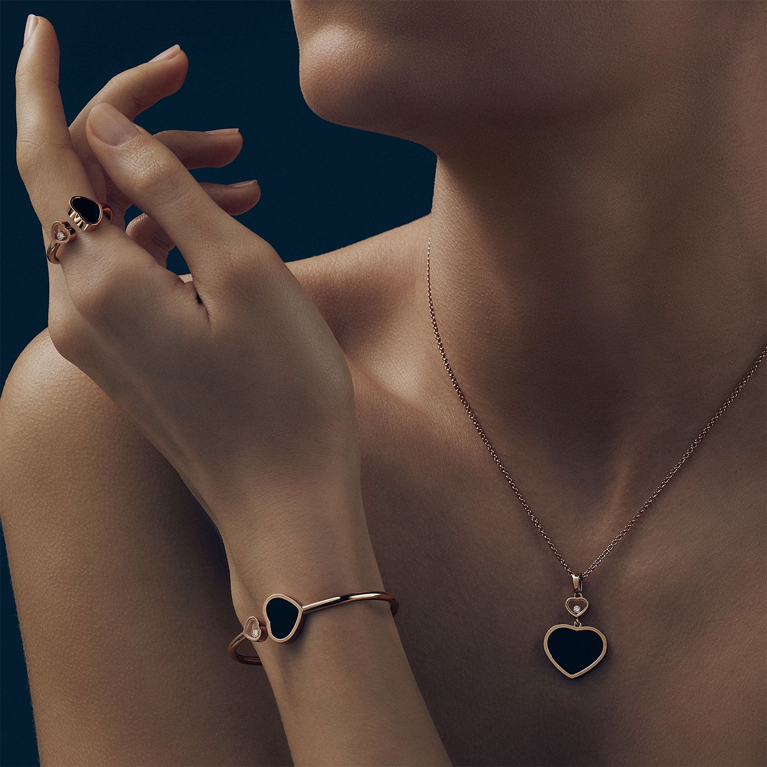 18ct Rose Gold Happy Hearts Black Onyx & Diamond Pendant