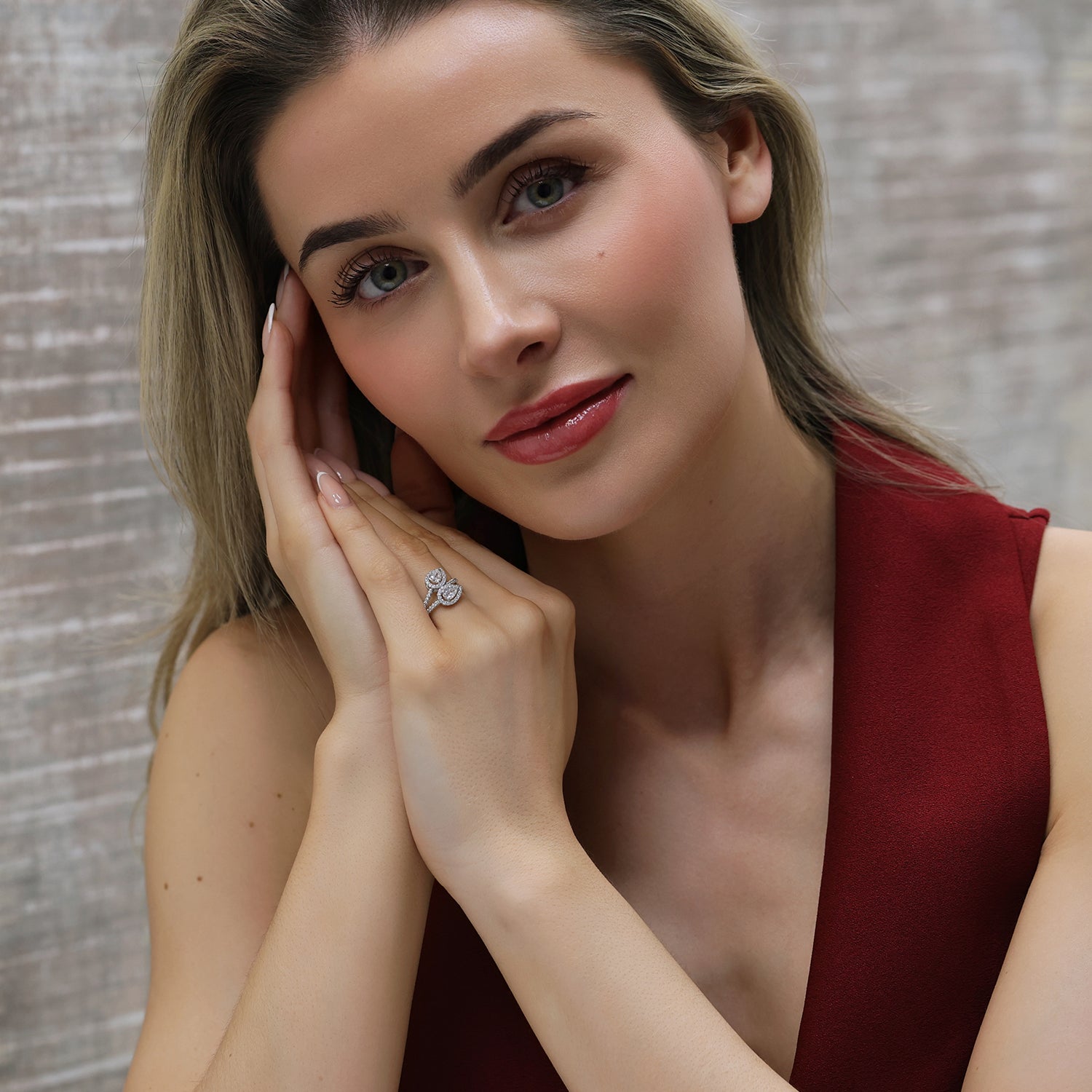 18ct White Gold Pear Cut Two Stone Diamond Halo Set Ring