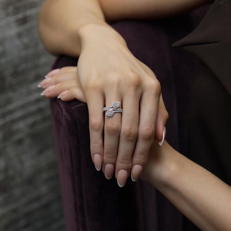 18ct White Gold Pear Cut Diamond Halo Set Cross Over Ring