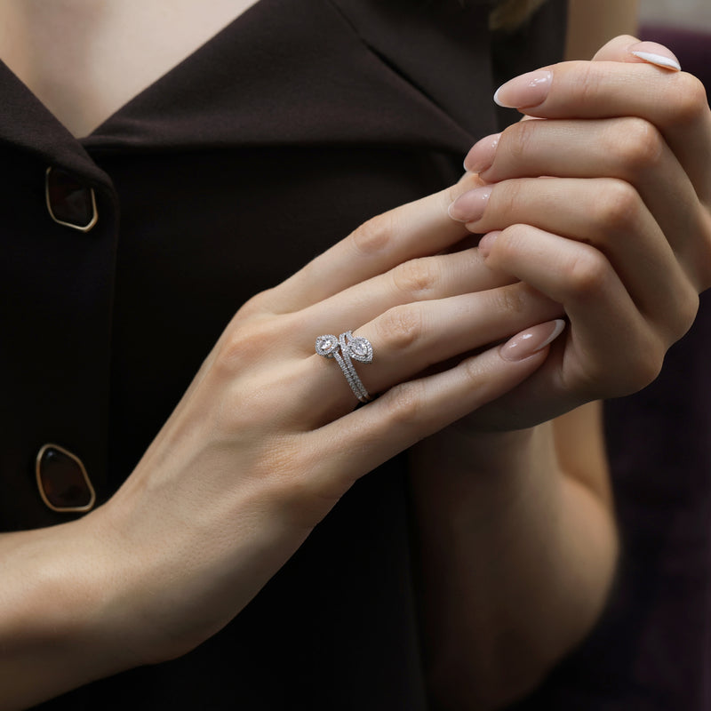 18ct White Gold Pear Cut Diamond Halo Set Cross Over Ring