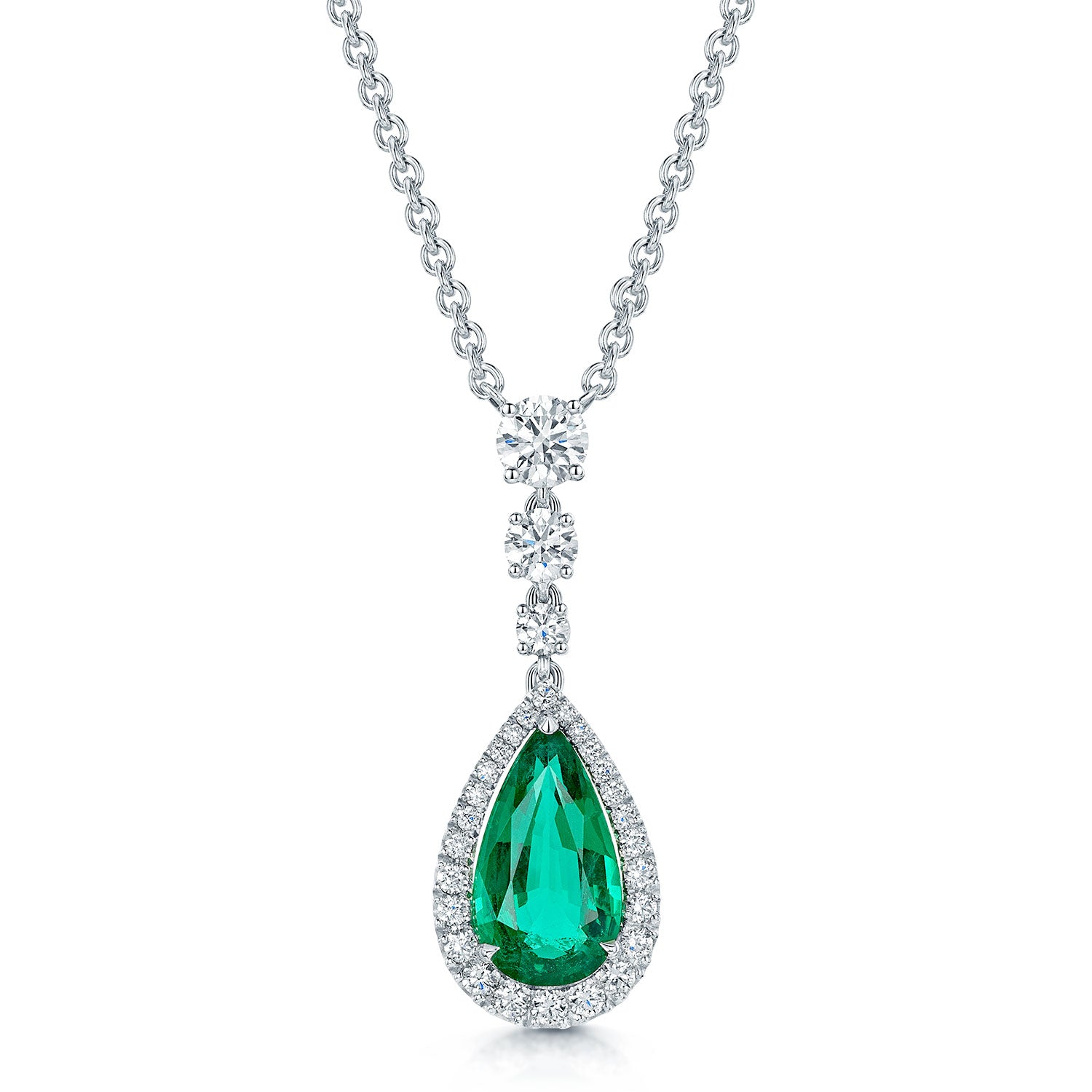 18ct White Gold Pear Cut Emerald And Diamond Graduated Halo Pendant