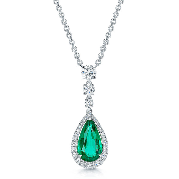 18ct White Gold Pear Cut Emerald And Diamond Graduated Halo Pendant
