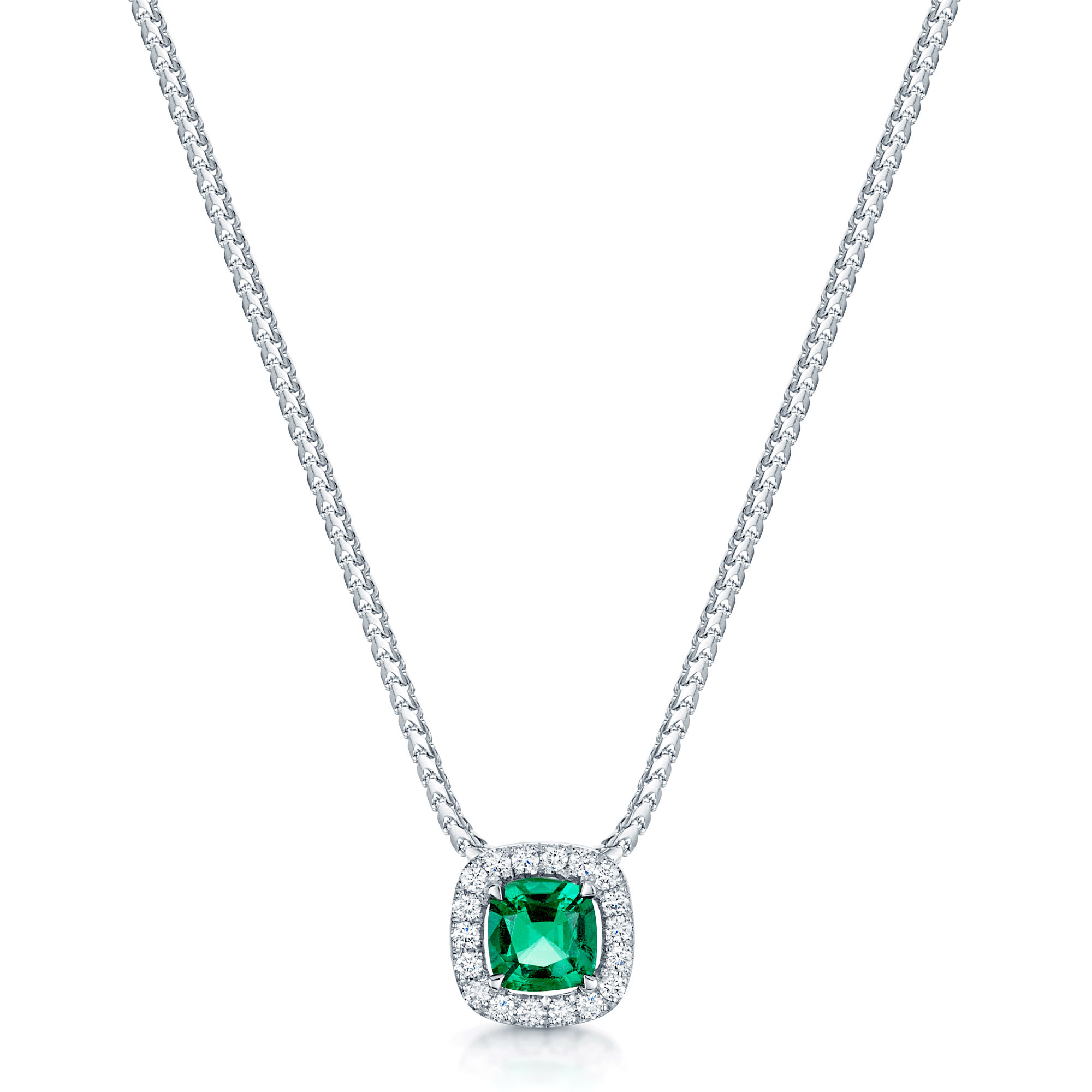 18ct White Gold Square Cut Emerald And Diamond Halo Pendant