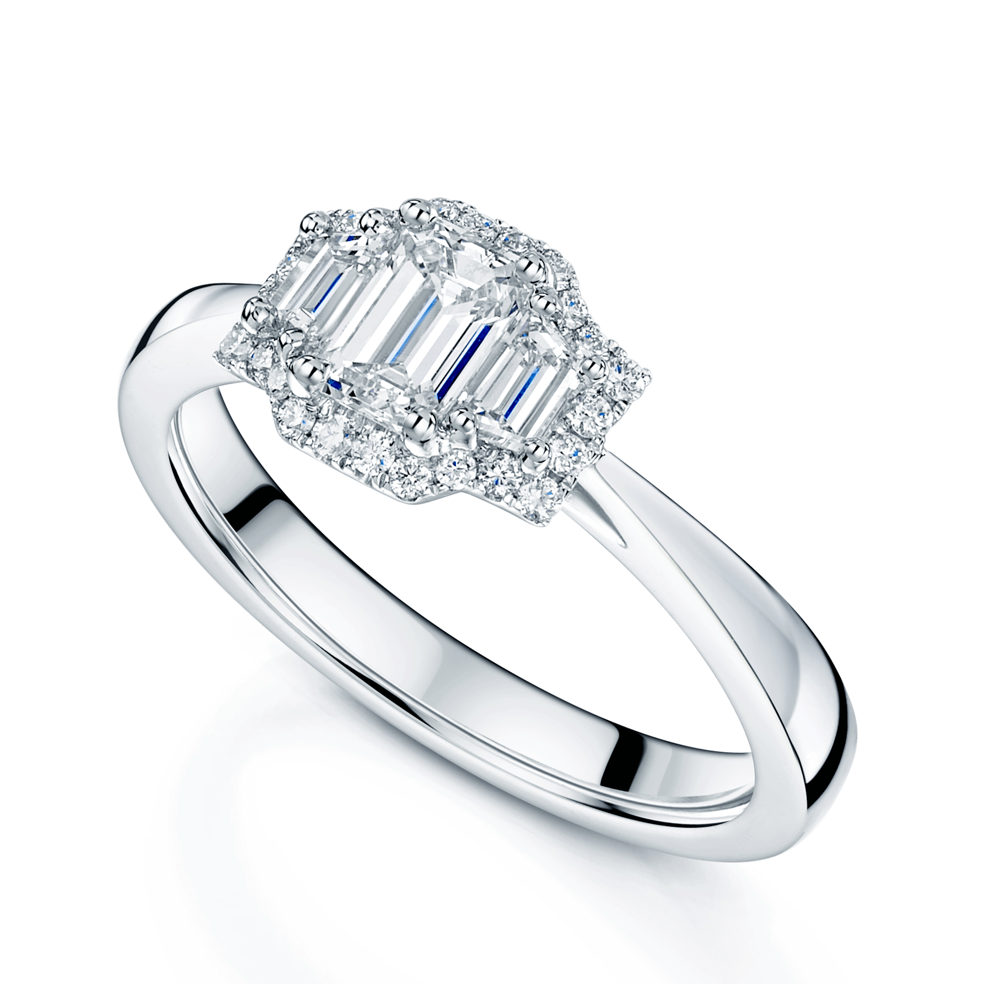 Platinum GIA Certificated Emerald Cut Diamond Trilogy Halo Ring