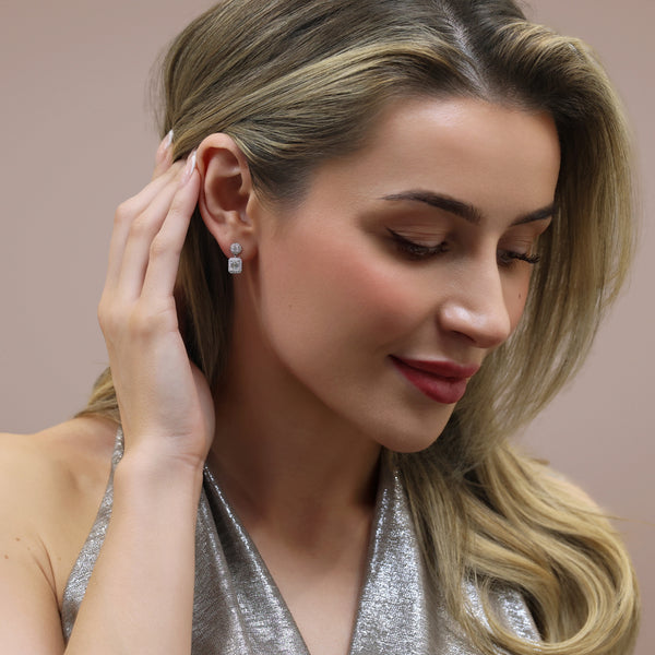 Berry's 18ct White Gold GIA Certificated Emerald Cut And Round Brilliant Cut Diamond Halo Drop Earrings - Berry's Jewellers