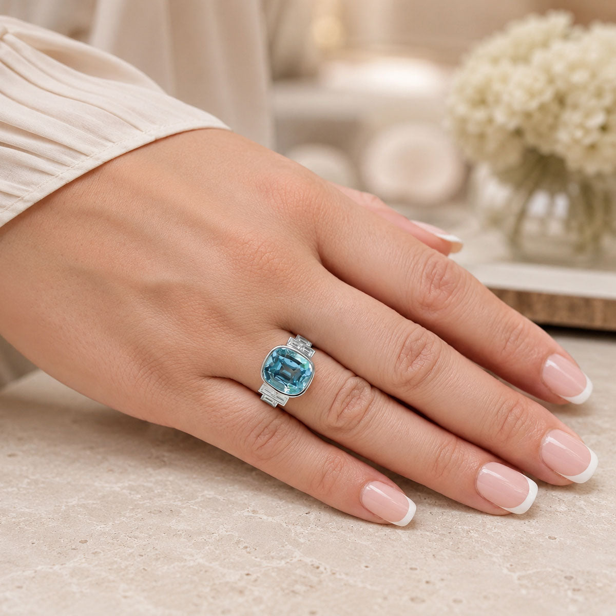 Platinum Cushion Cut Aquamarine And Baguette Diamond Dress Ring