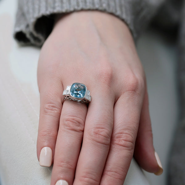 Berry's Platinum Cushion Cut Aquamarine And Baguette Diamond Dress Ring - Berry's Jewellers