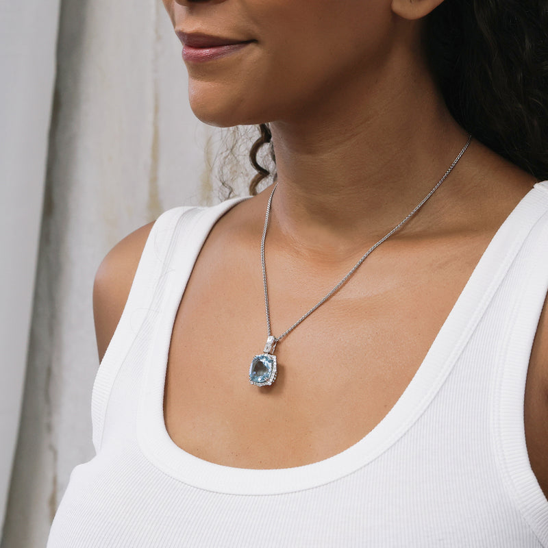Berry's 18ct White Gold Cushion Cut Aquamarine and Diamond Pendant - Berry's Jewellers