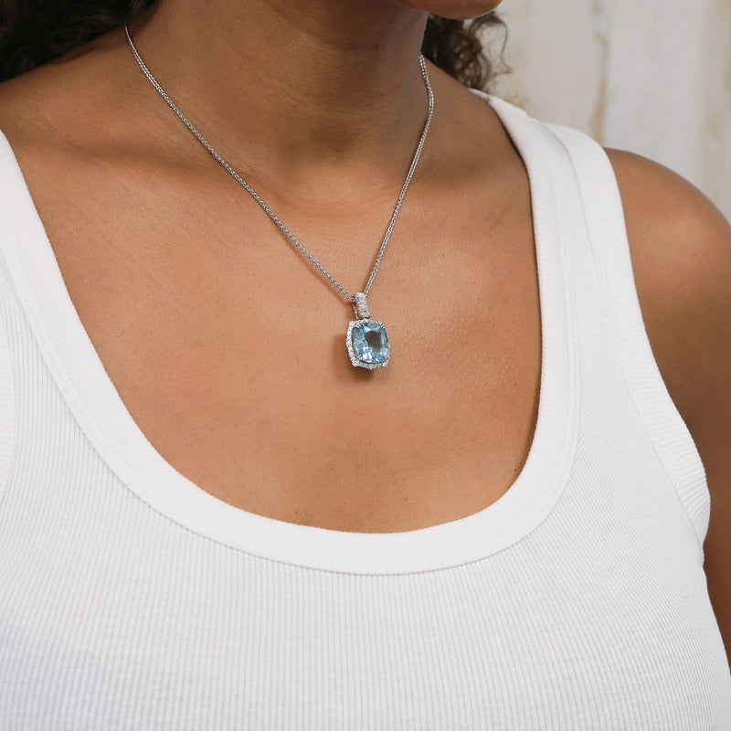 Berry's 18ct White Gold Cushion Cut Aquamarine and Diamond Pendant - Berry's Jewellers