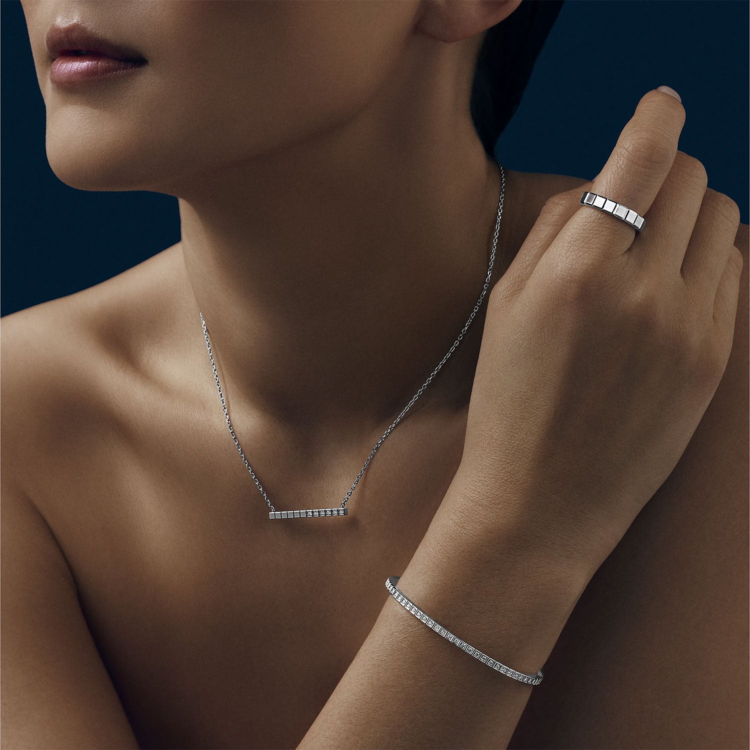 18ct White Gold Ice Cube Part Diamond Set Necklace