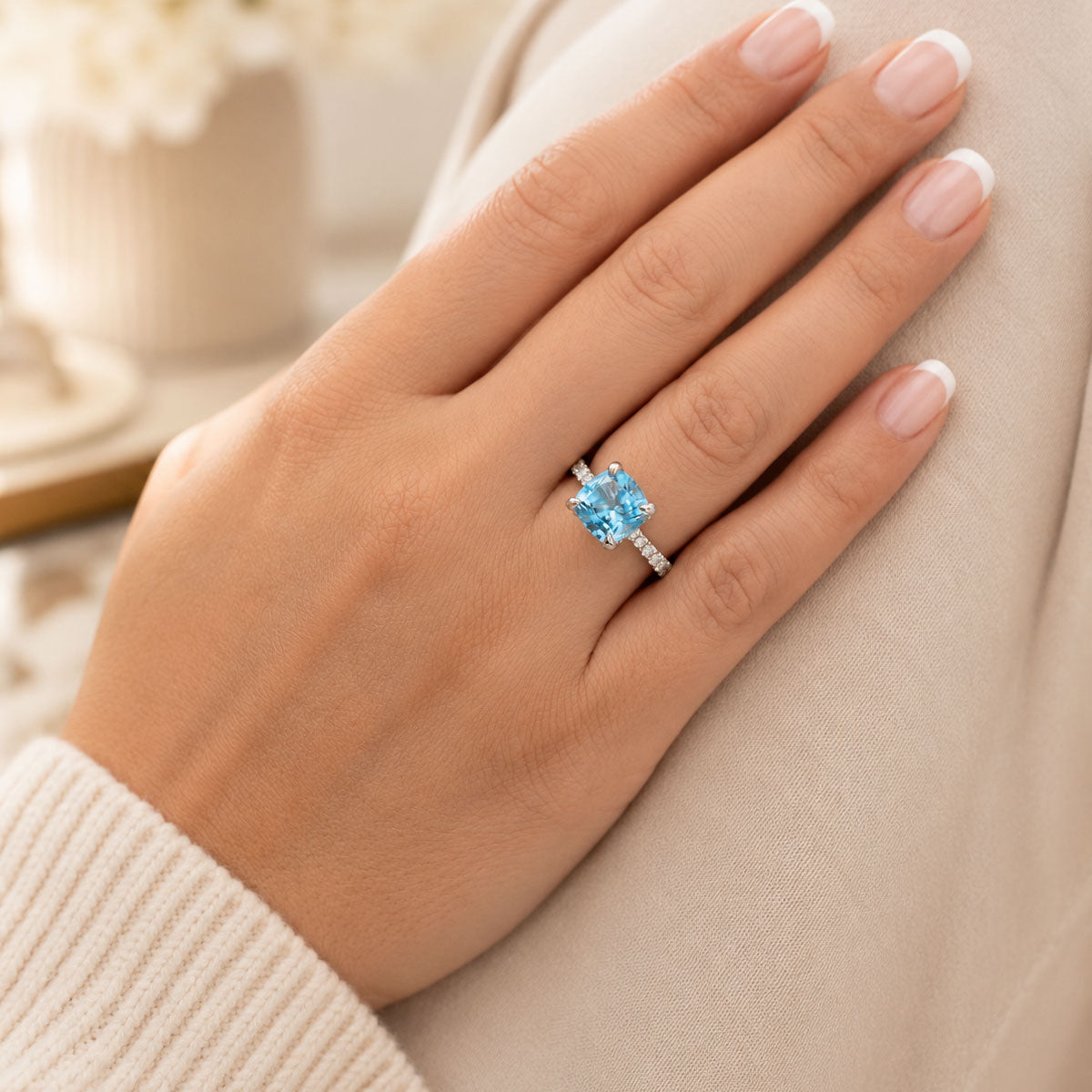 Platinum Cushion Cut Aquamarine & Diamond Ring