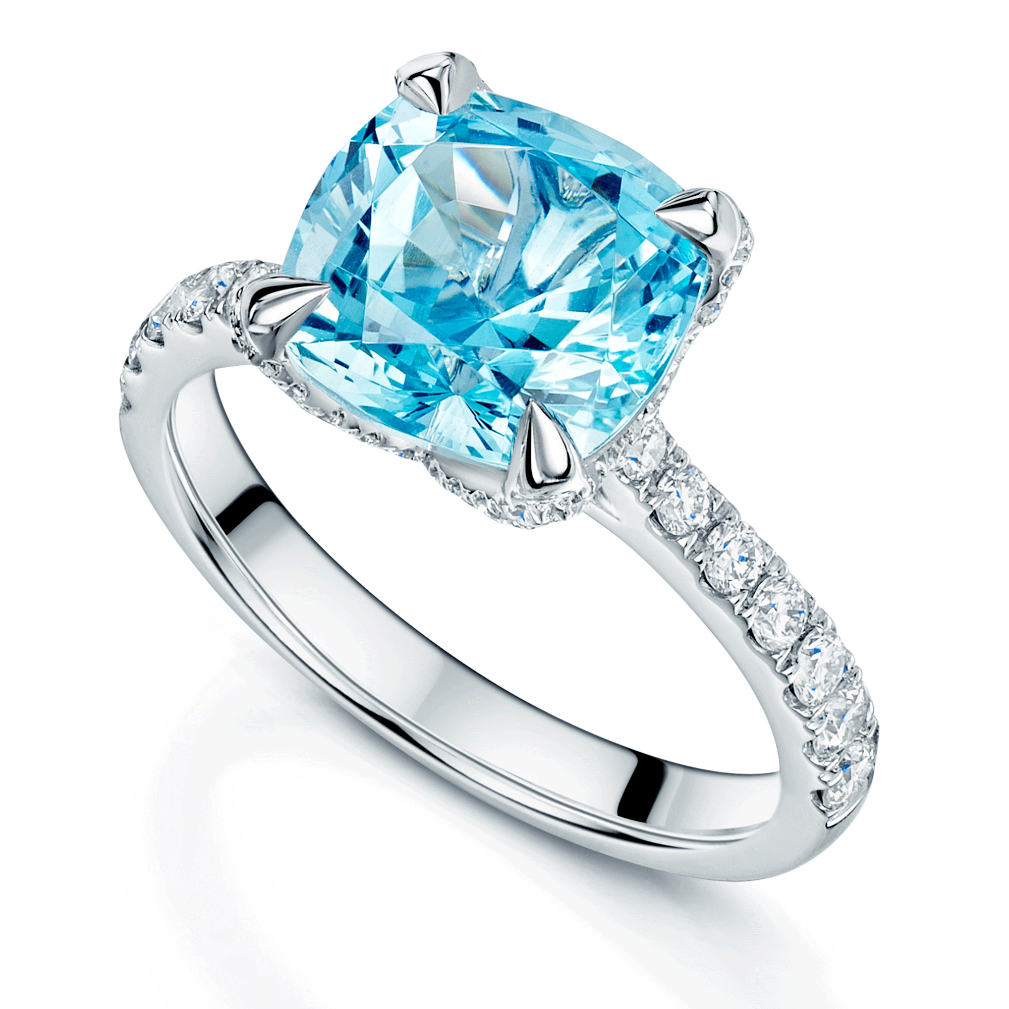 Platinum Cushion Cut Aquamarine & Diamond Ring