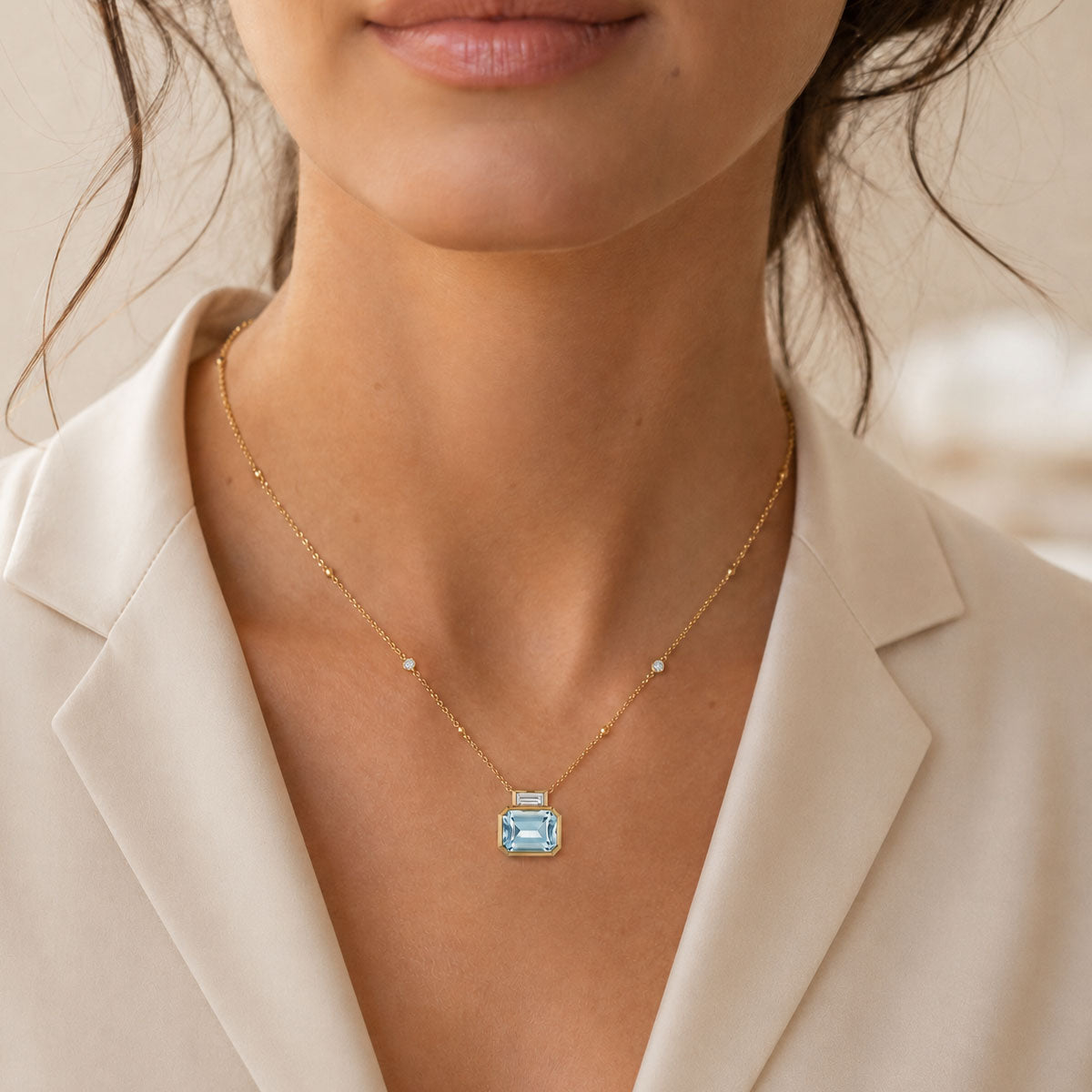 18ct Yellow Gold Emerald Cut Aquamarine And Baguette Cut Diamond Pendant