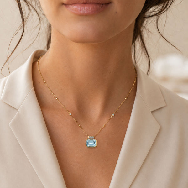 18ct Yellow Gold Emerald Cut Aquamarine And Baguette Cut Diamond Pendant