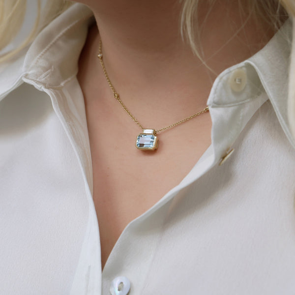 Berry's 18ct Yellow Gold Emerald Cut Aquamarine And Baguette Cut Diamond Pendant - Berry's Jewellers