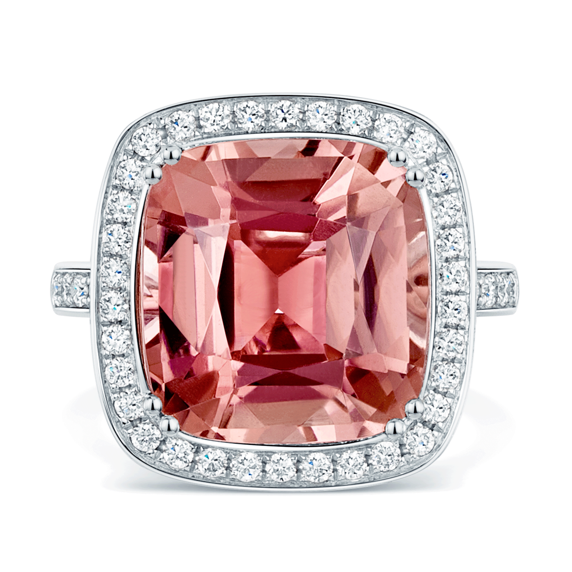 Platinum Cushion Cut Pink Tourmaline And Diamond Halo Ring With Diamond Set Shoulders