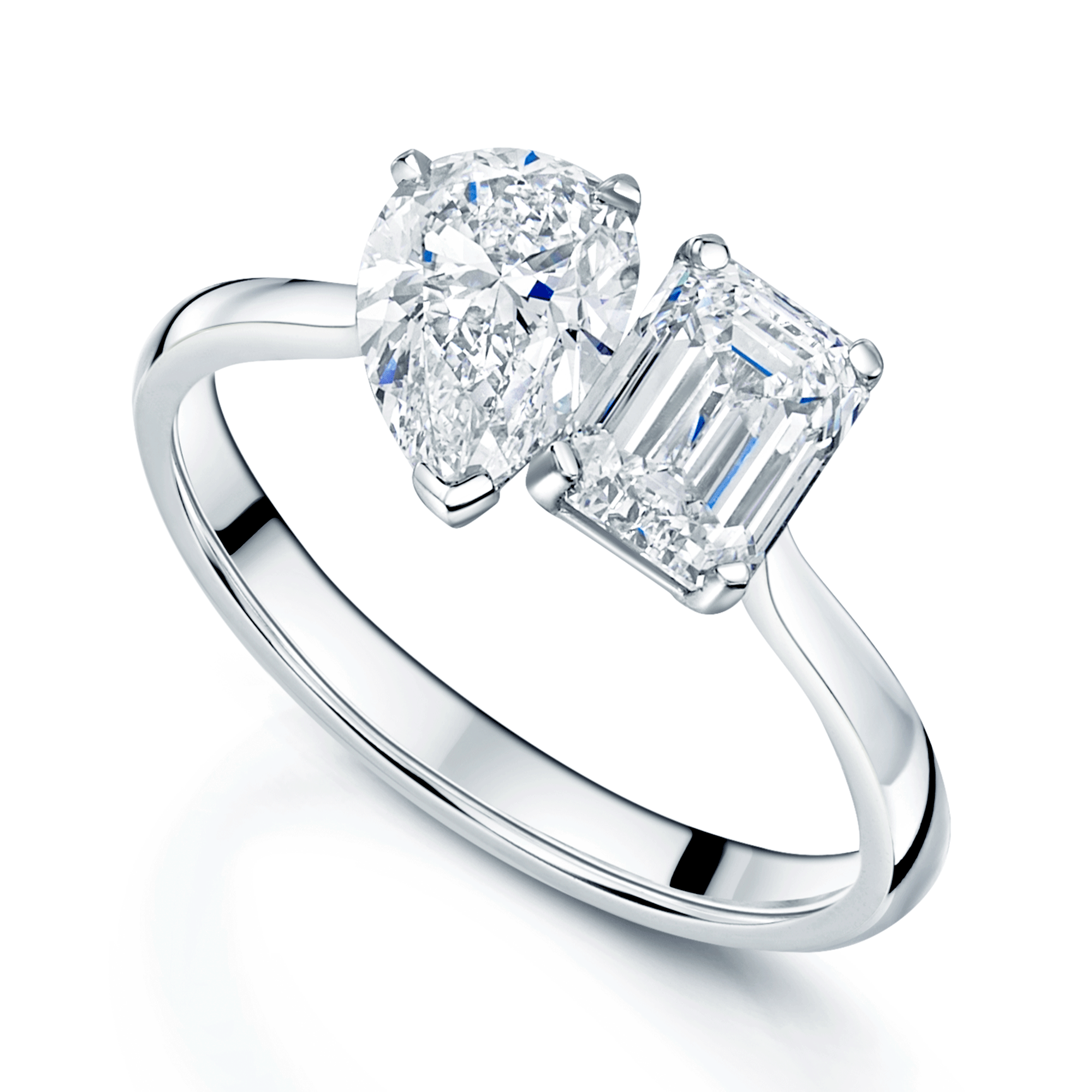 Platinum Toi Et Moi Emerald Cut & Pear Cut Diamond Two Stone Ring