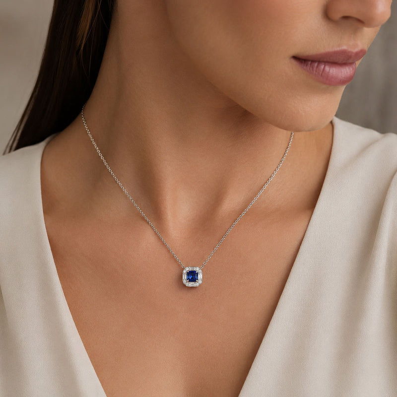 Berry's 18ct White Gold Cushion Cut Sapphire And Diamond Halo Surround Pendant - Berry's Jewellers