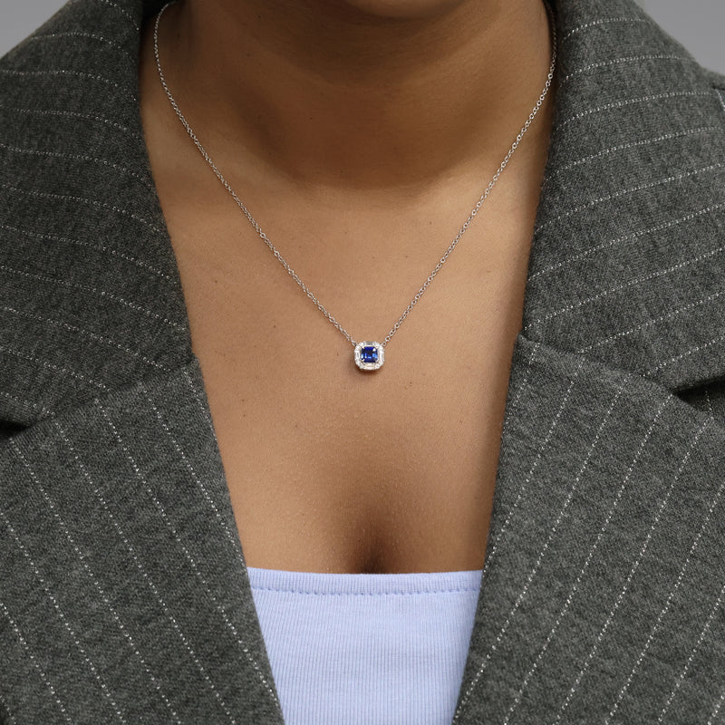 Berry's 18ct White Gold Cushion Cut Sapphire And Diamond Halo Surround Pendant - Berry's Jewellers