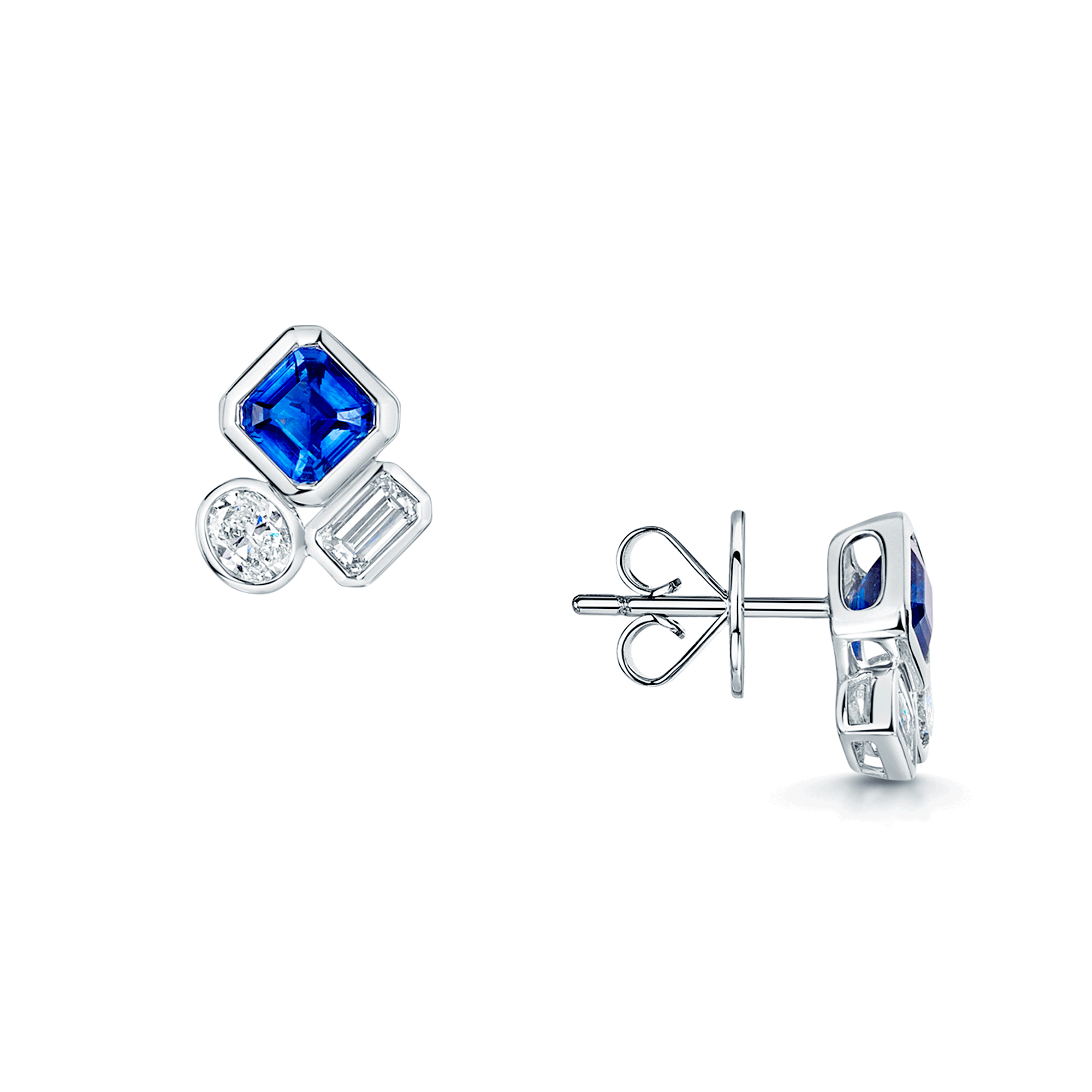 18ct White Gold Mixed Cut Sapphire And Diamond Rub Over Stud Earrings