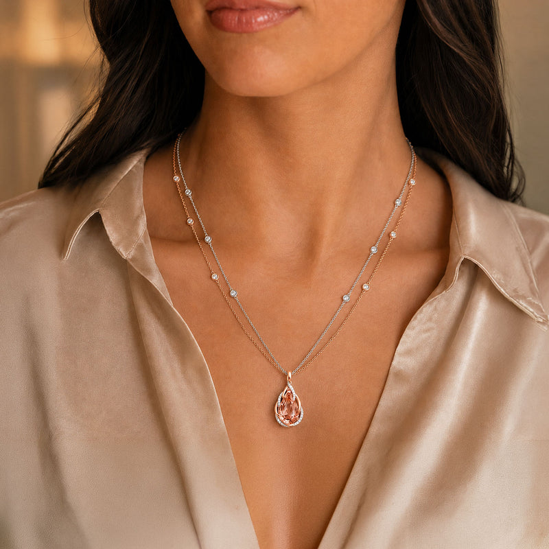 18ct Rose & White Gold Fancy Diamond Set Pink Pear Cut Tourmaline Pendant
