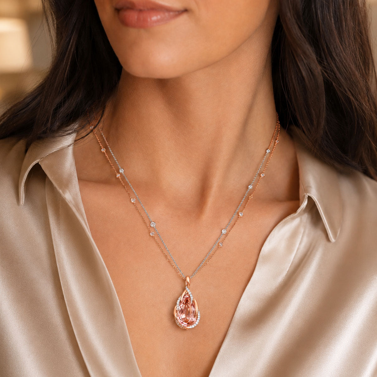Berry's 18ct Rose & White Gold Fancy Diamond Set Pink Pear Cut Tourmaline Pendant - Berry's Jewellers