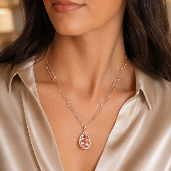 Berry's 18ct Rose & White Gold Fancy Diamond Set Pink Pear Cut Tourmaline Pendant - Berry's Jewellers
