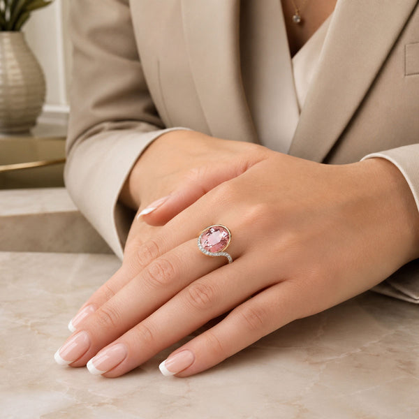 18ct Rose And White Gold Oval Cut Pink Tourmaline And Diamond Pave Set Dress Ring