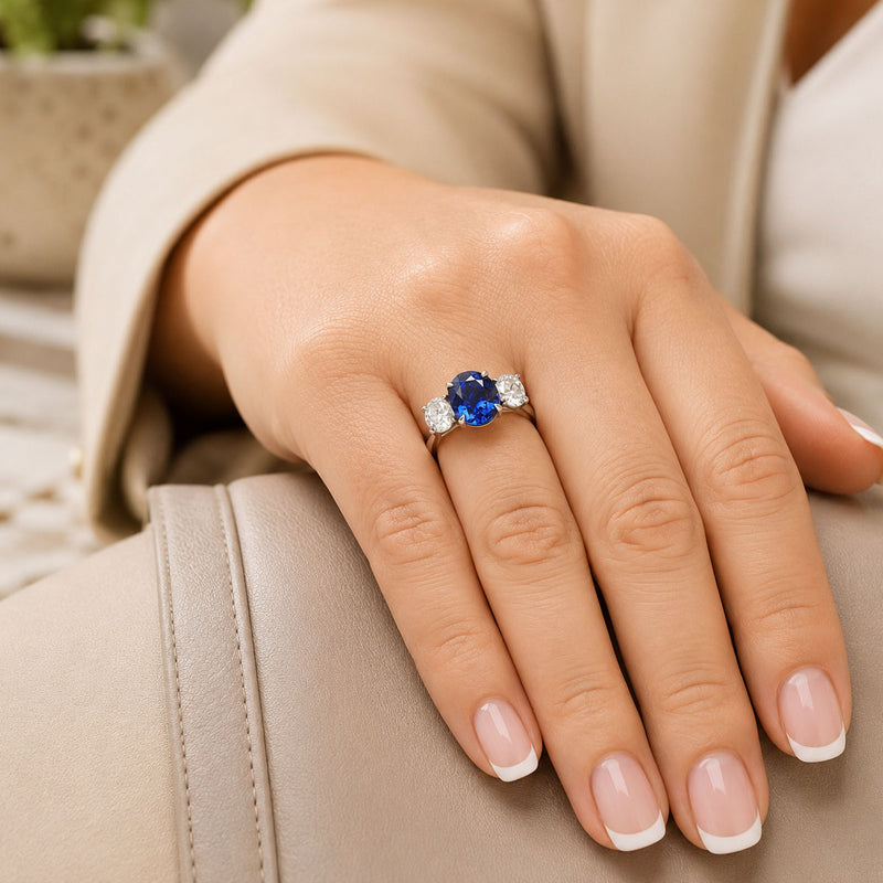 Platinum Certificated Oval Cut Blue Sapphire And Oval Cut Diamond Three Stone Ring