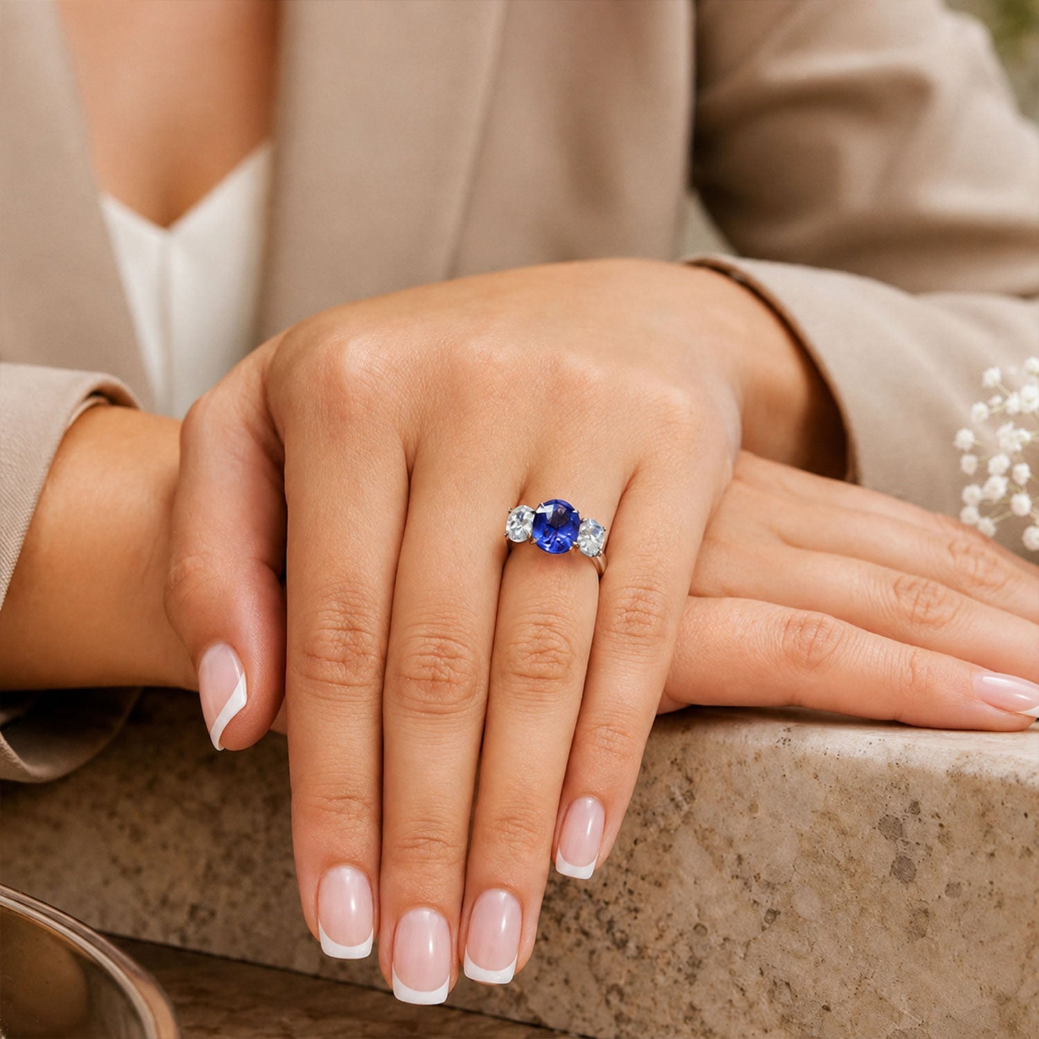 Platinum Oval Cut Sapphire And Diamond Three Stone Ring