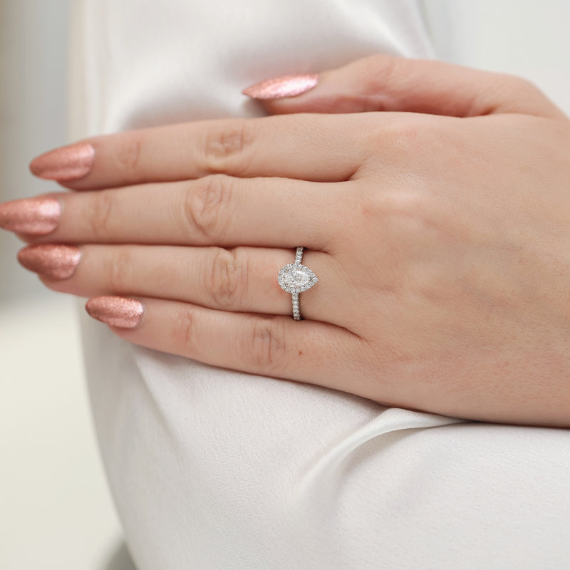 Platinum GIA Certificated Pear cut Diamond Halo Ring With Diamond Set Shoulders