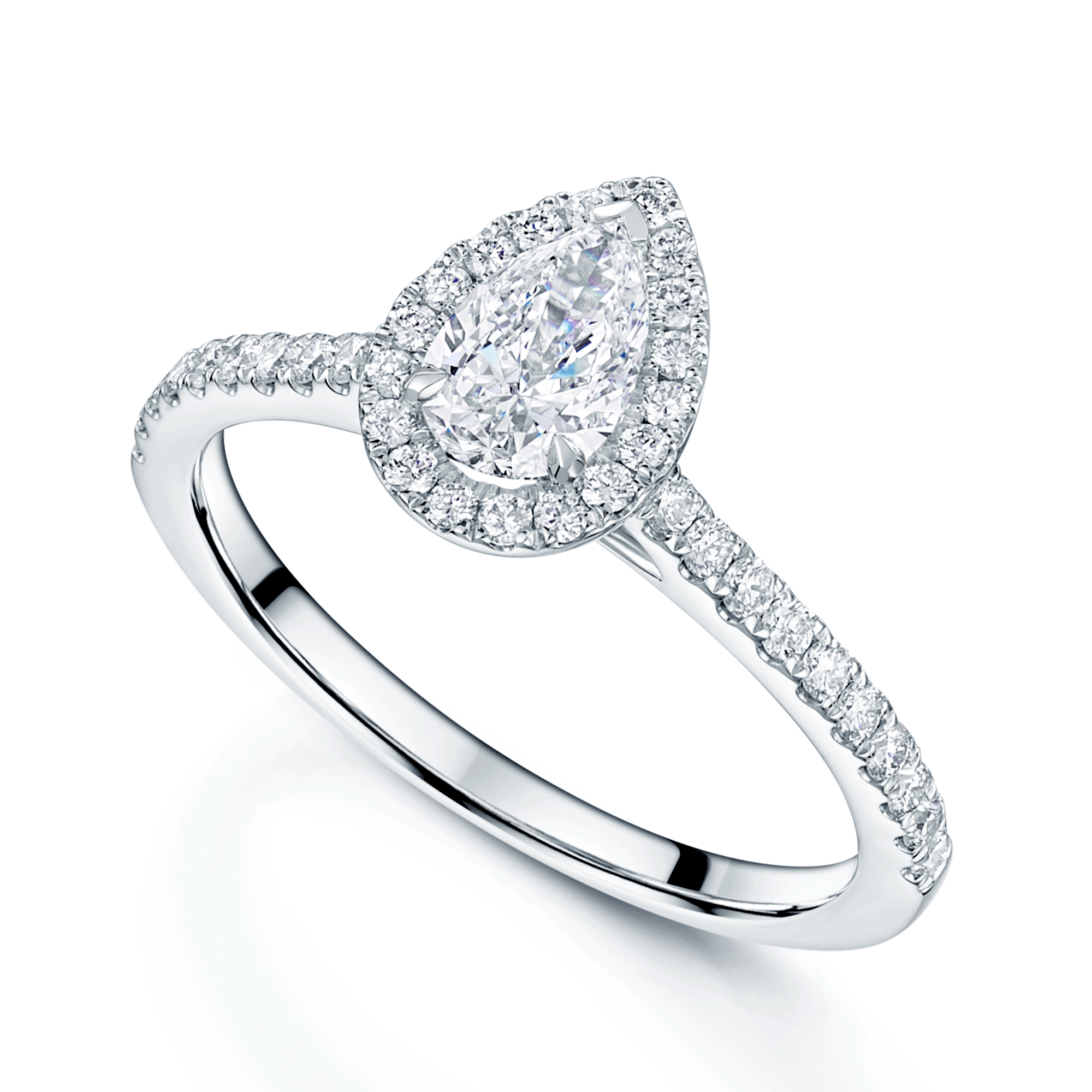 Platinum GIA Certificated Pear cut Diamond Halo Ring With Diamond Set Shoulders