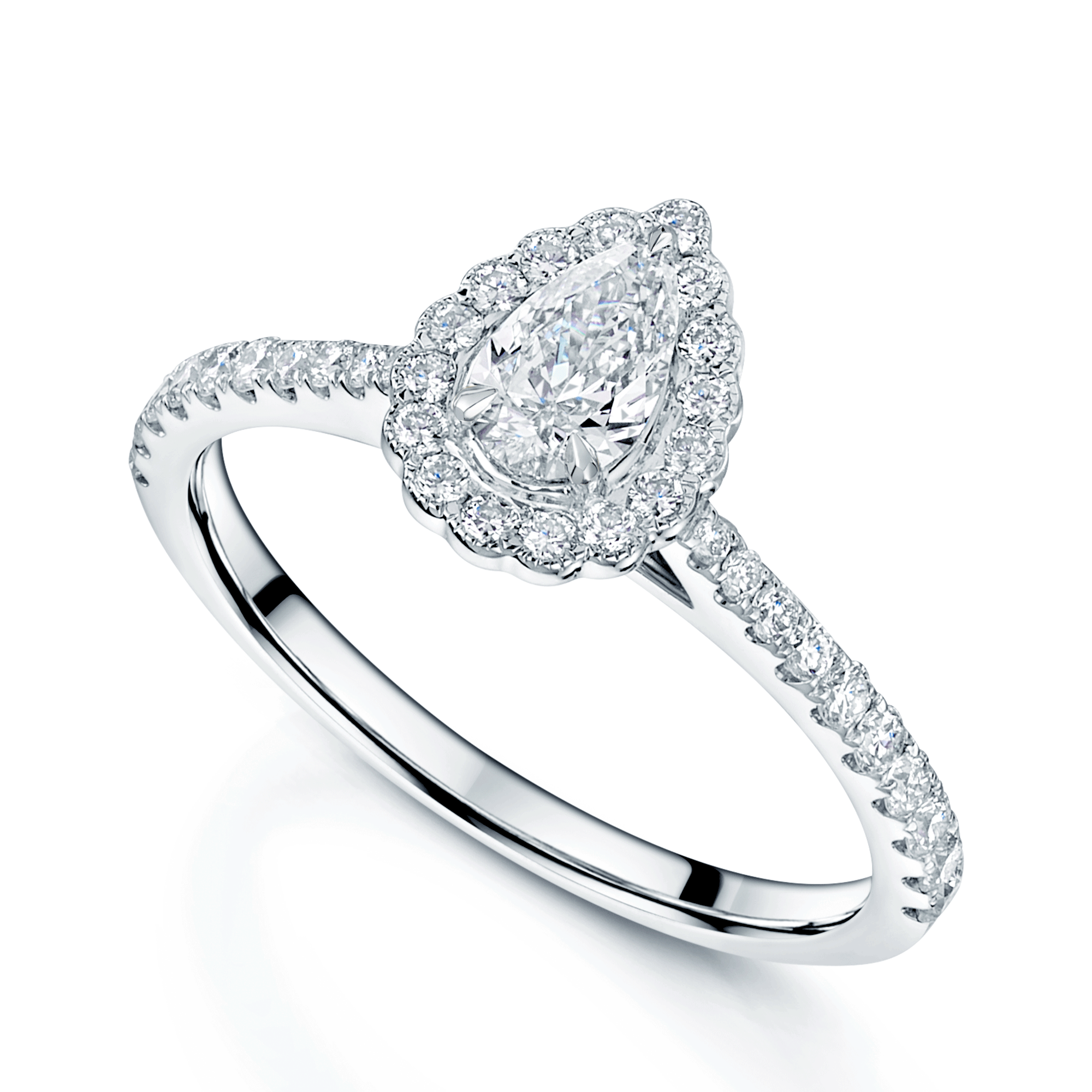 Platinum GIA Certificated Pear cut Diamond Halo Ring With Diamond Set Shoulders