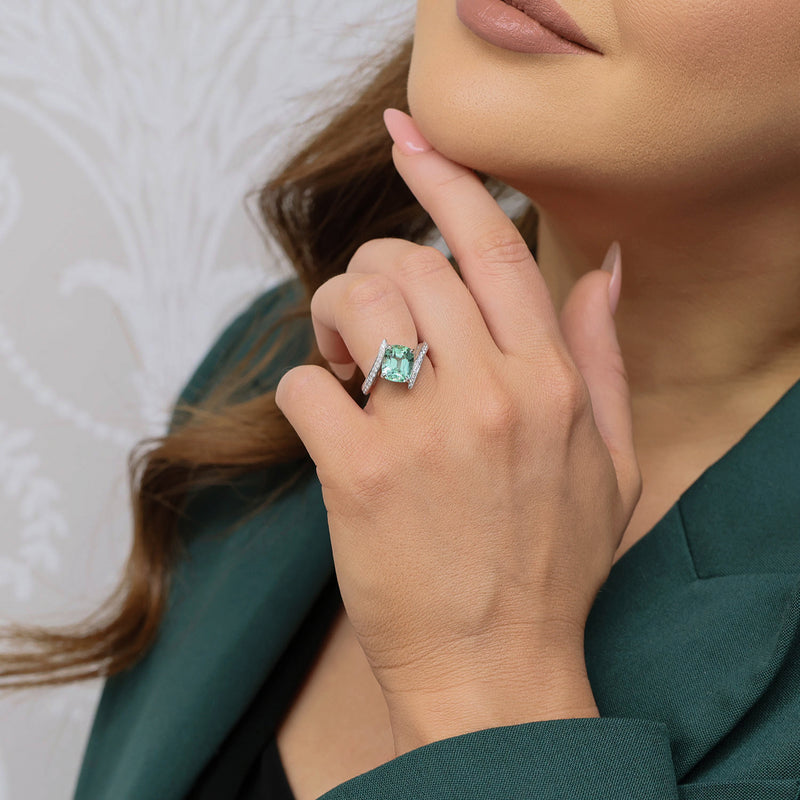 Berry's Platinum Cushion Cut Green Mint Tourmaline And Pave Set  Diamond Twist Ring - Berry's Jewellers