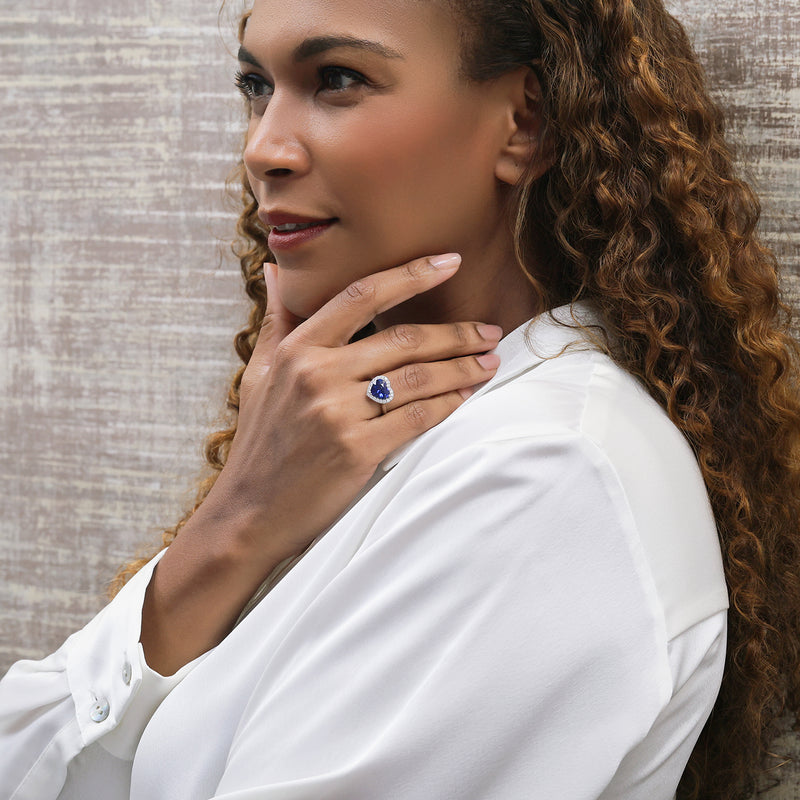 Berry's Platinum Heart Cut Blue Sapphire And Round Brilliant Cut Diamond Halo Ring - Berry's Jewellers