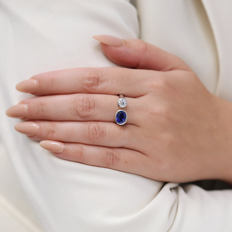 Berry's Platinum Toi Et Moi Oval Cut Sapphire And Round Brilliant Diamond Two Stone Rub Over Set Ring - Berry's Jewellers