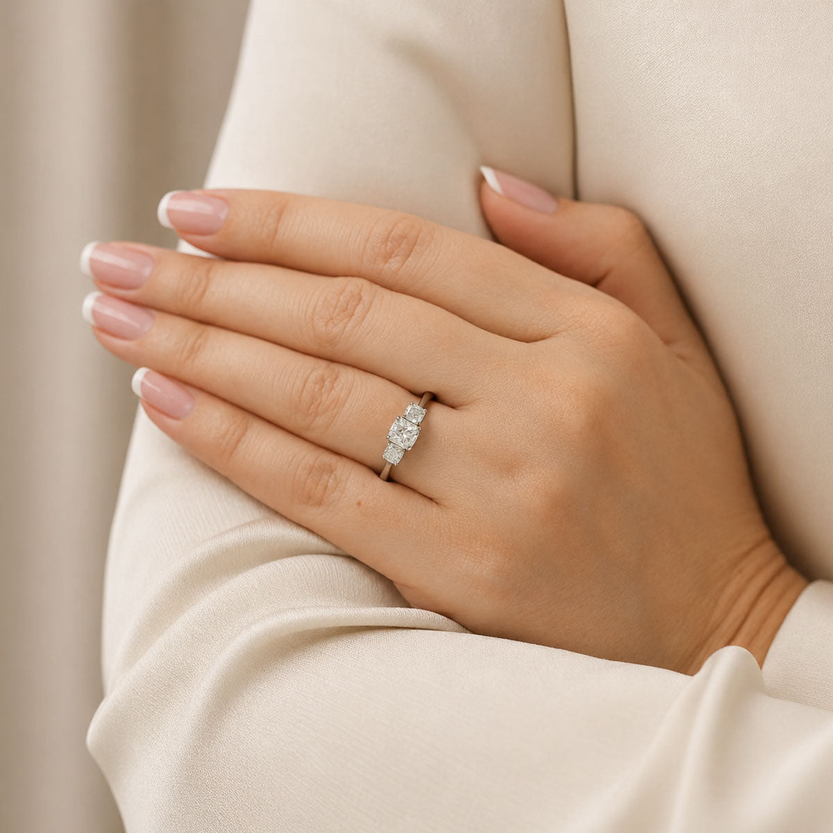 Platinum Set Cushion Cut GIA Diamond Three Stone Ring