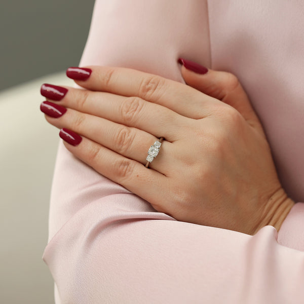 Platinum Set Cushion Cut GIA Diamond Three Stone Ring