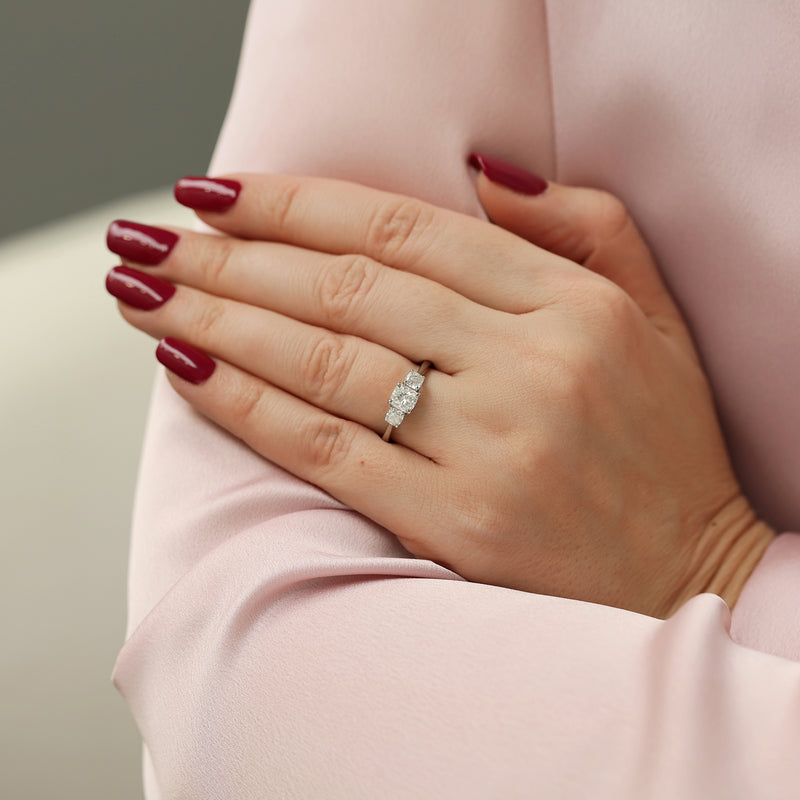 Platinum Set Cushion Cut GIA Diamond Three Stone Ring