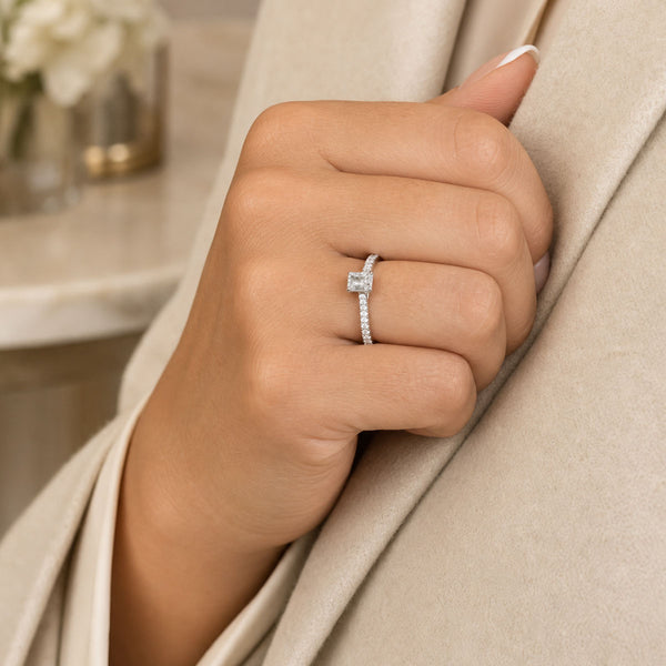 Platinum Emerald Cut Diamond Engagement Ring With Diamond Set Shoulders
