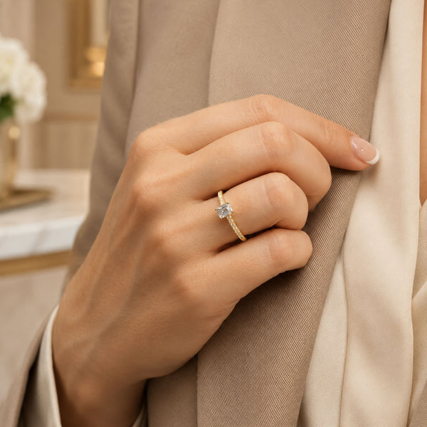 18ct Yellow Gold Emerald Cut Diamond Single Stone Ring With Diamond Shoulders