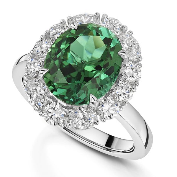 Berry's Platinum Lagoon Green Tourmaline And Diamond Halo Ring - Berry's Jewellers