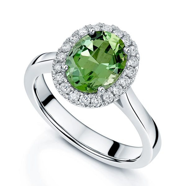 Berry's Platinum Chrome Green Tourmaline And Diamond Oval Halo Ring - Berry's Jewellers