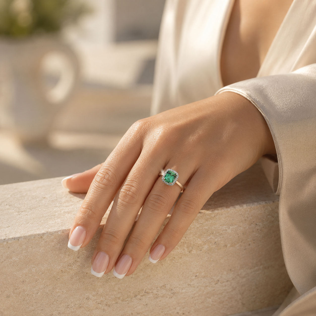 Platinum Mint Green Tourmaline And Diamond Halo Ring