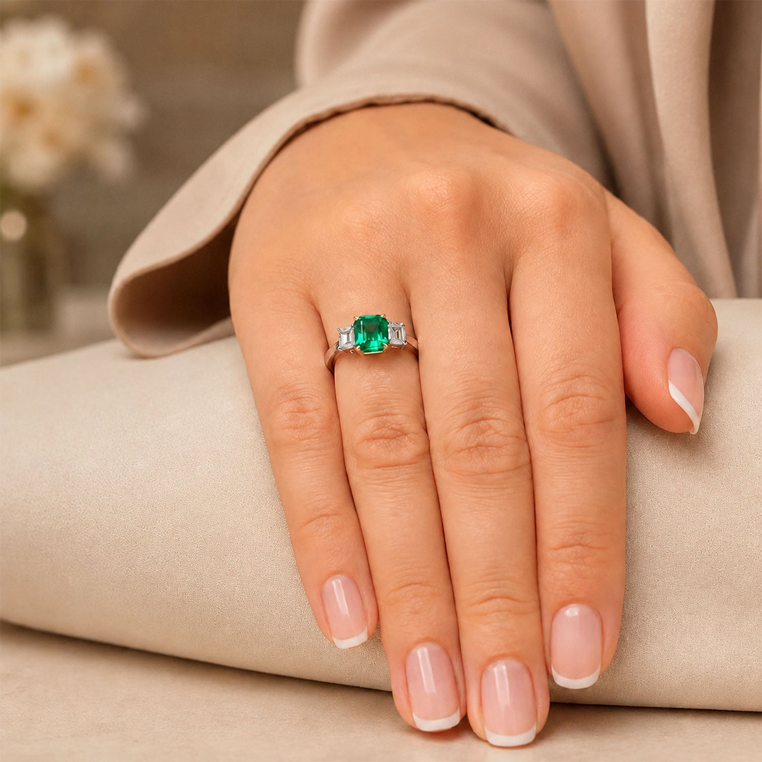 18ct White Gold Emerald And Diamond Three Stone Ring