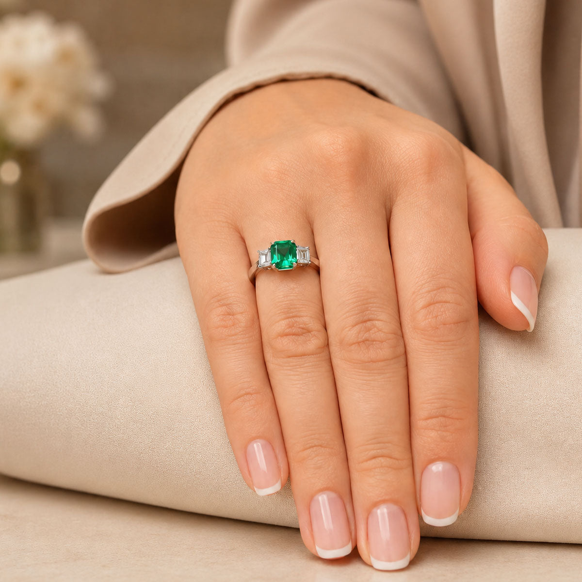 18ct White Gold Emerald And Diamond Three Stone Ring