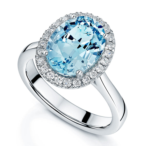 Berry's Platinum Oval Aquamarine And Diamond Halo Ring - Berry's Jewellers