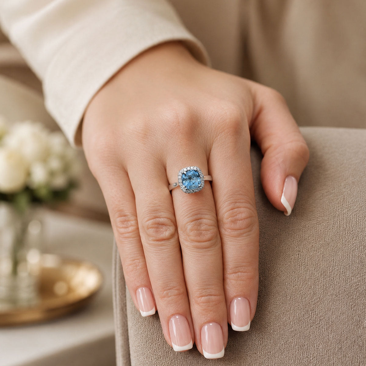 Platinum Cushion Cut Aquamarine And Diamond Halo Ring