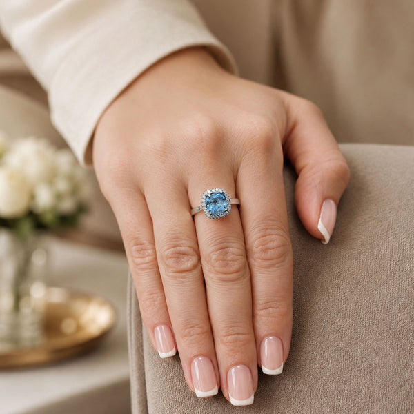 Platinum Cushion Cut Aquamarine And Diamond Halo Ring